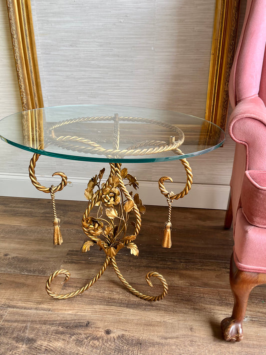 Rare Italian Mid Century Gilt Roses Metal Rope Glass Top Accent Table