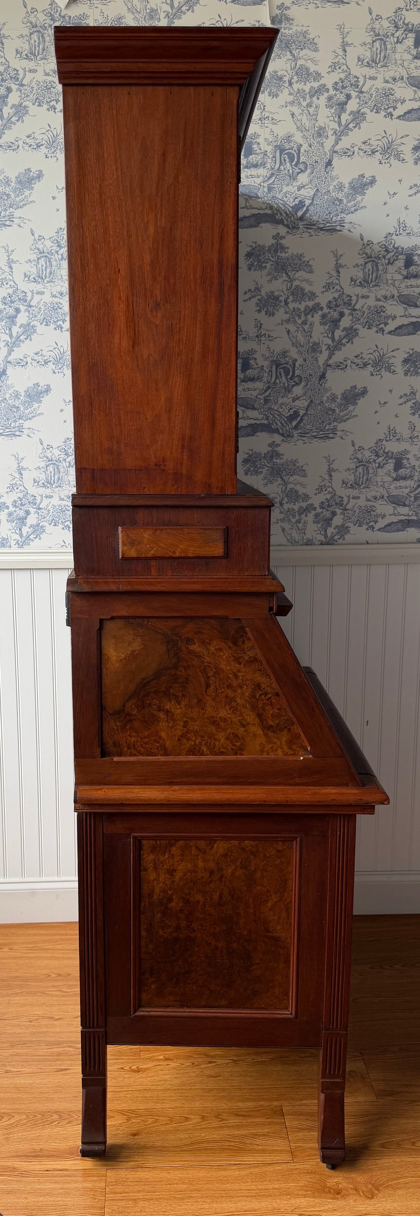 Antique Victorian Burl Walnut Secretary Bookcase, c. 1880s, Drop Front Writing Desk Display Cabinet