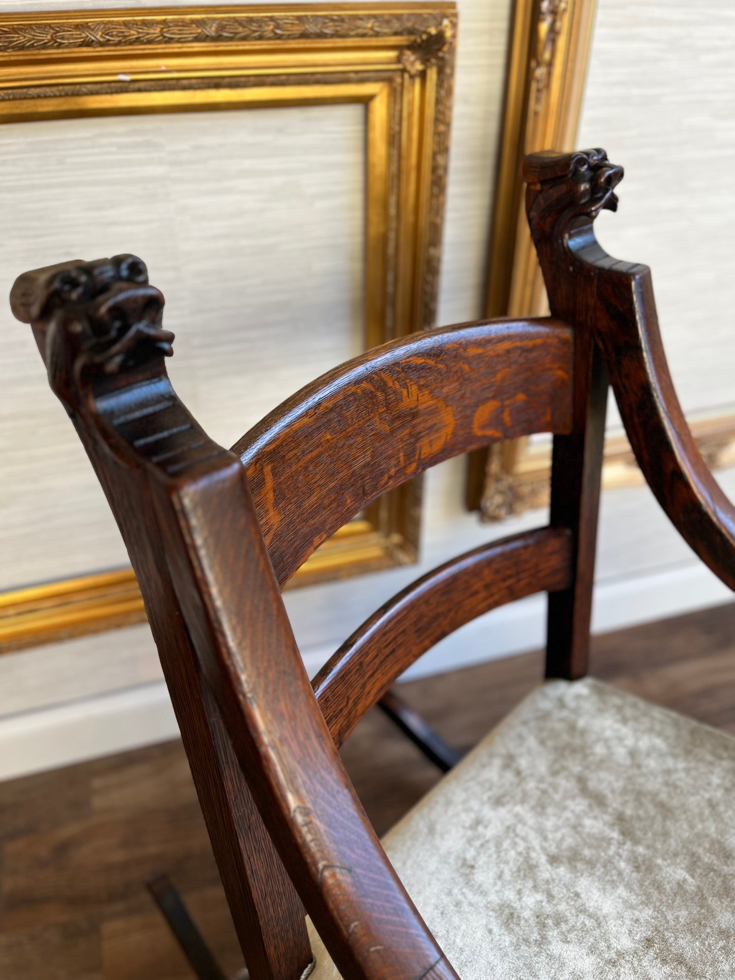 Antique Victorian Era Grotesque Hand Carved Oak Rocking Chair