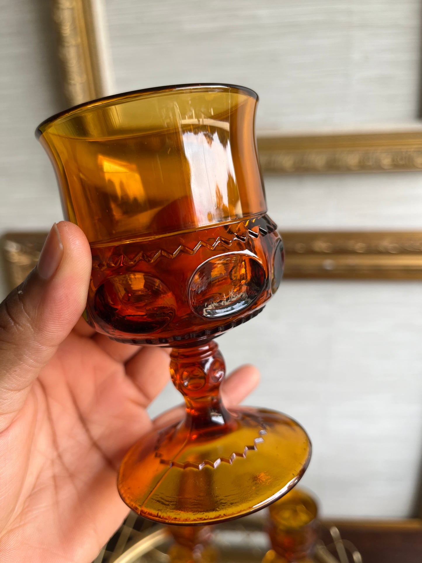 Vintage 1970s Indiana Glass Kings Crown Amber Glasses Set Of 4