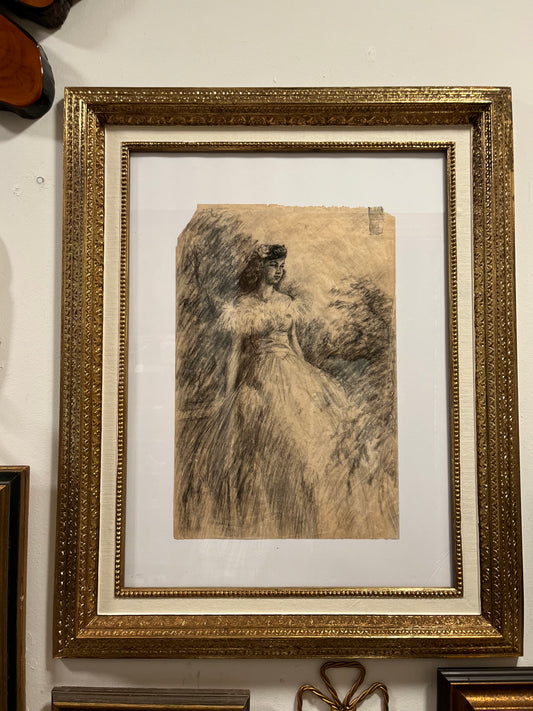 1940s Charcoal Portrait in Ornate Gold Frame