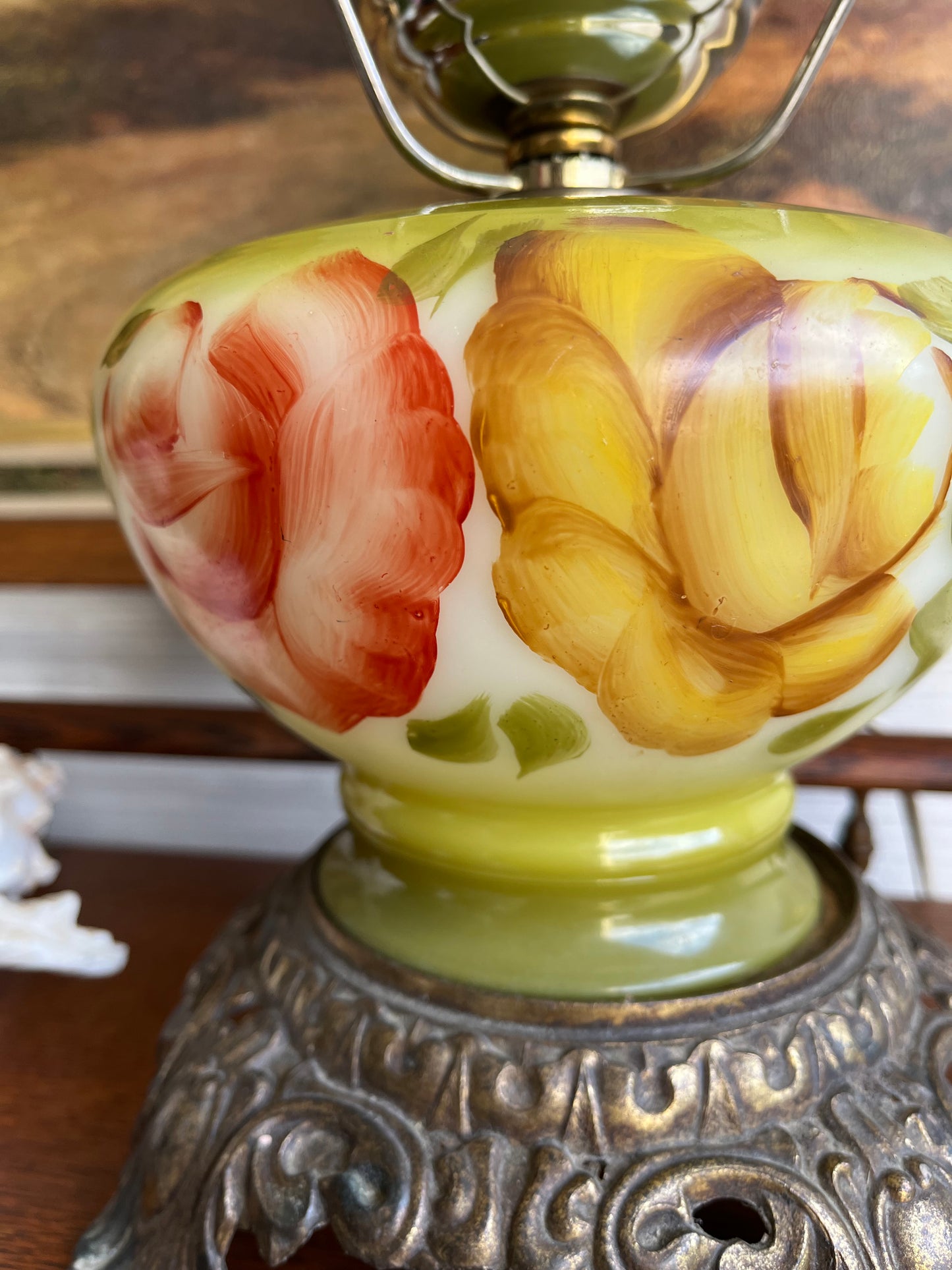 Vintage Hand Painted Floral Glass Hurricane Electric Lamp