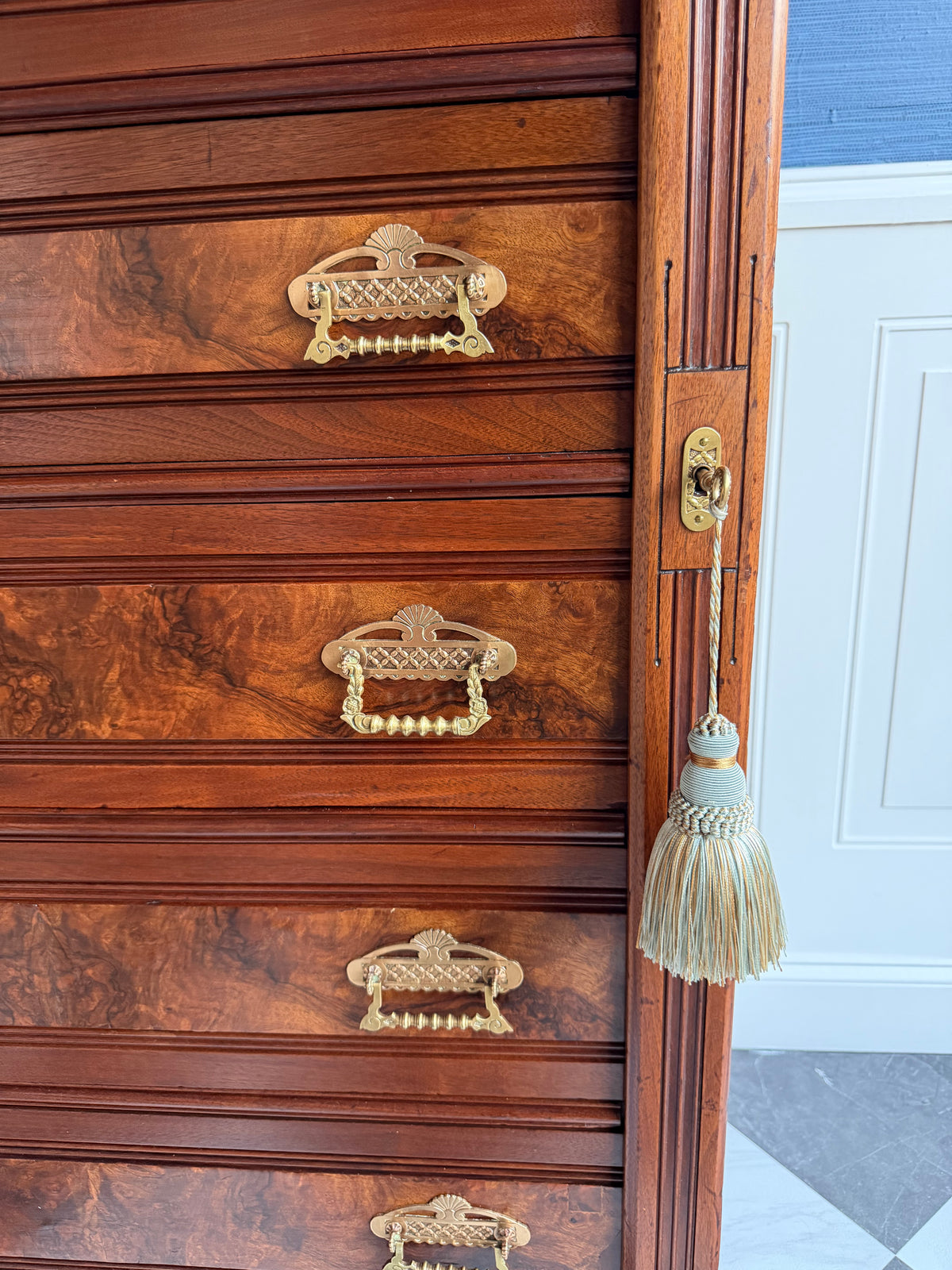 Antique 19th Century Eastlake Secretaire Chest | Side-Locking Burl Walnut Chest with Hidden Writing Desk