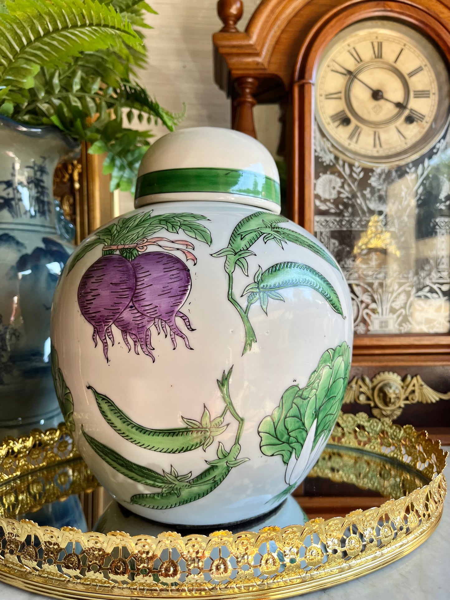 Vintage Chinese Export Porcelain Lidded Ginger Jar with Hand-Painted Bok Choy, Carrots, Beets, and Snow Peas