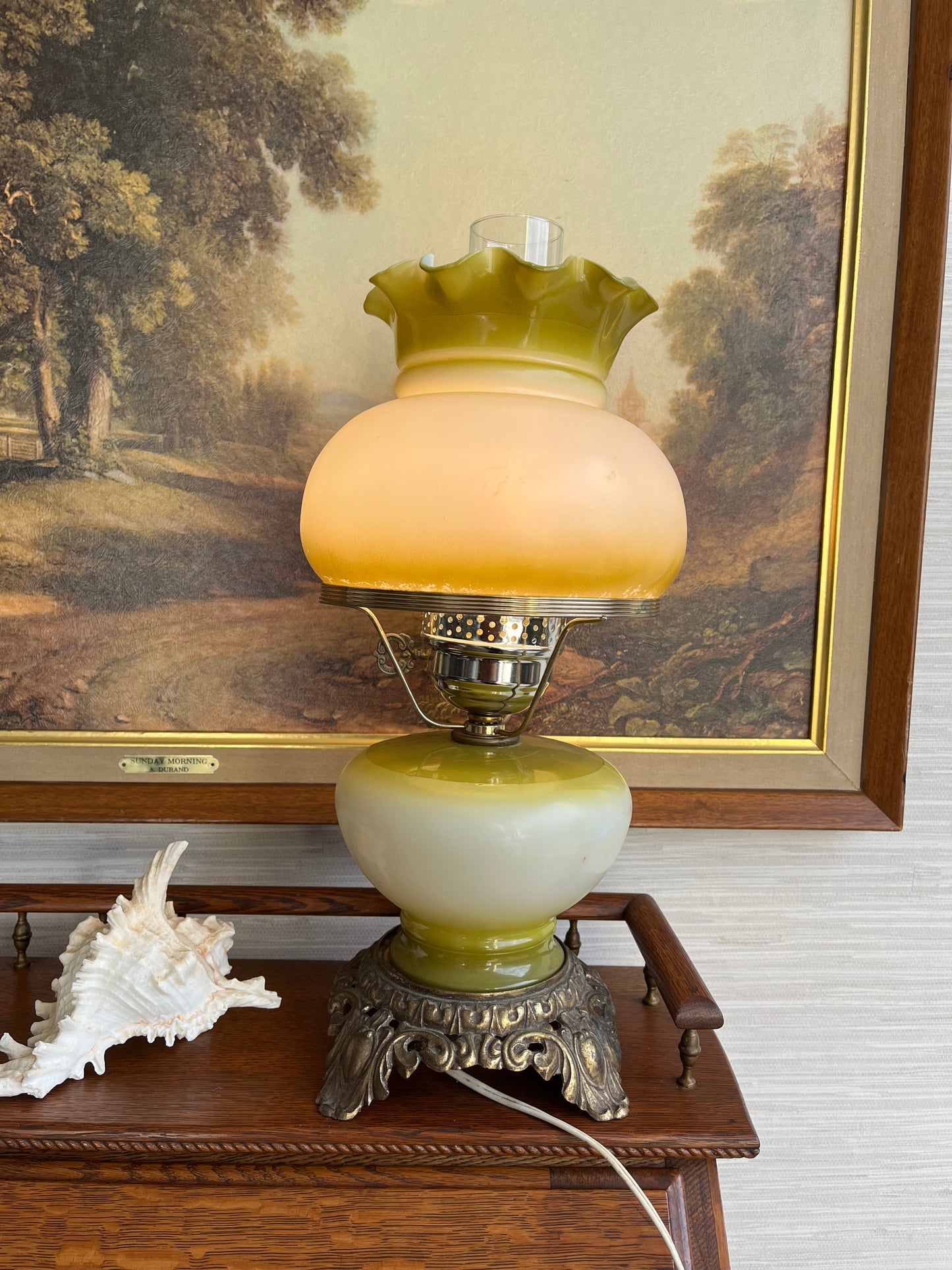 Vintage Hand Painted Floral Glass Hurricane Electric Lamp