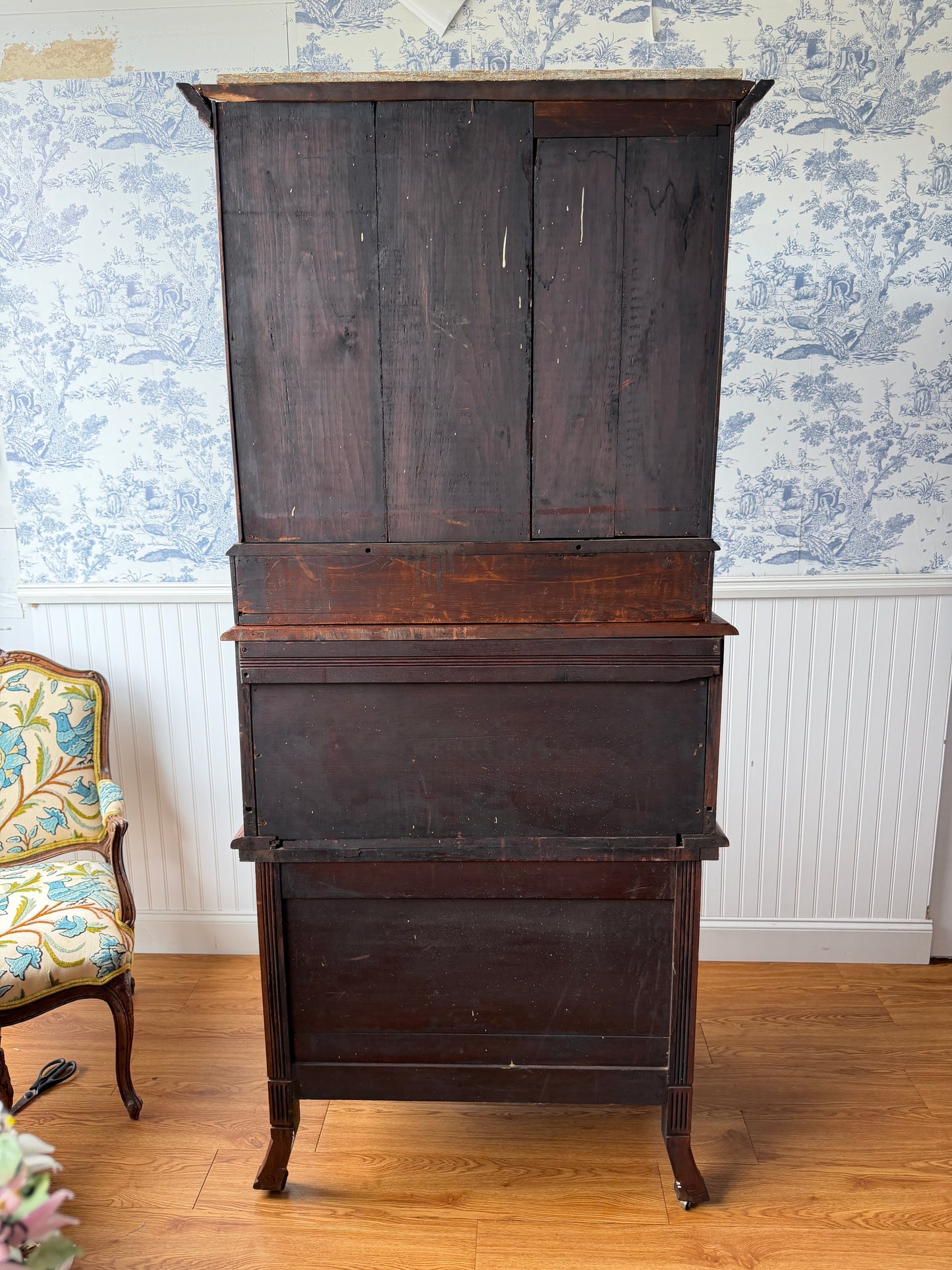 Antique Victorian Burl Walnut Secretary Bookcase, c. 1880s, Drop Front Writing Desk Display Cabinet