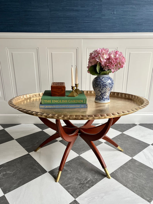Lovely Vintage Hand Etched Brass & Mahogany Tray Coffee Table  With Folding Spider Legs |  Made In Hong Kong Circa 1960s