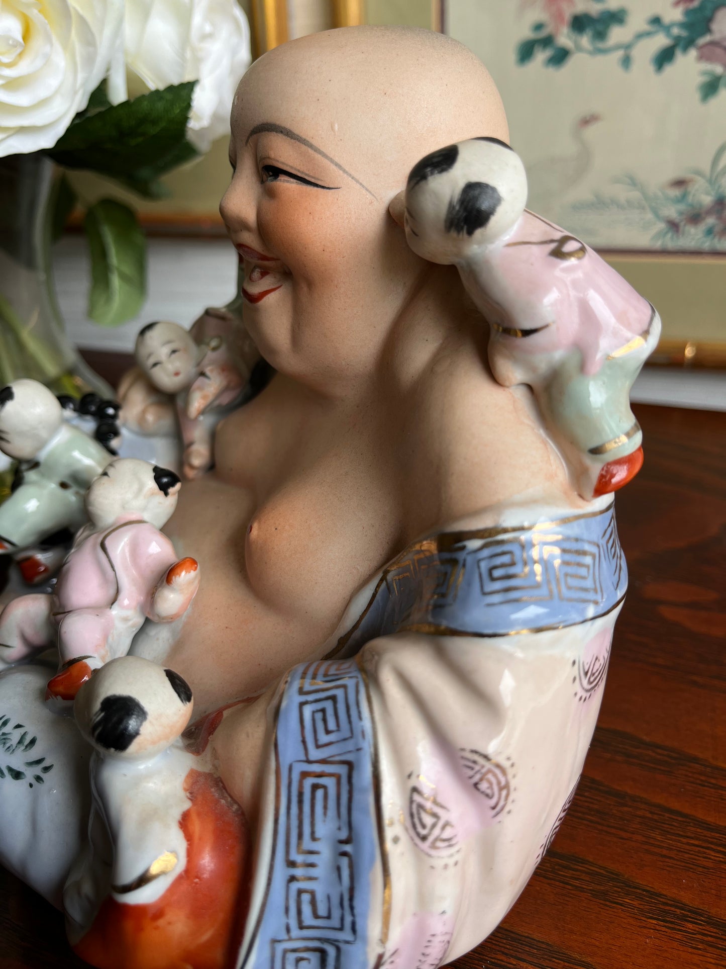 Antique Chinese Porcelain Laughing Buddha With Children Wealth Fertility Statue