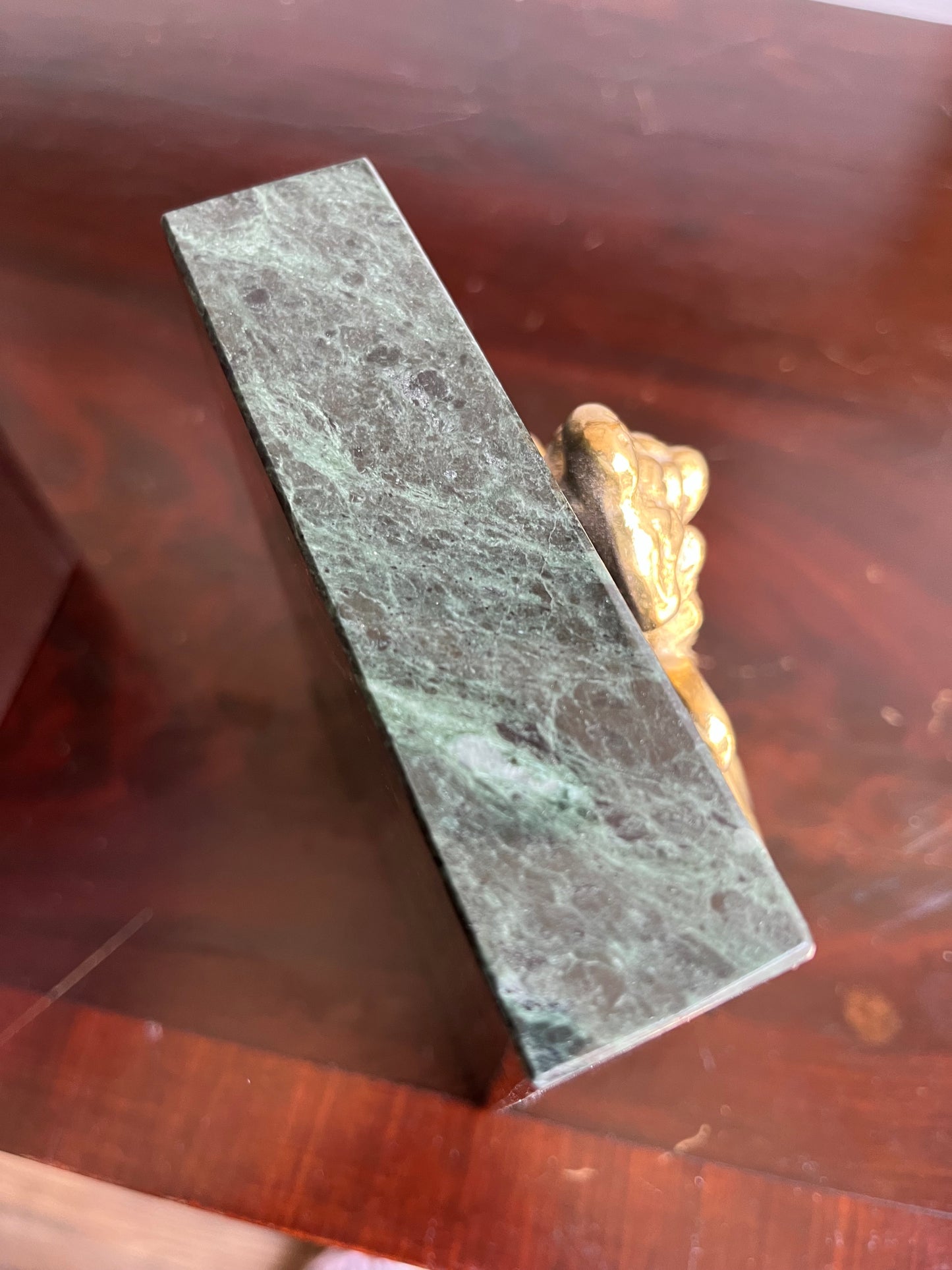 Vintage Trapezoidal Green Marble Book Ends With Brass Unicorn + Lion