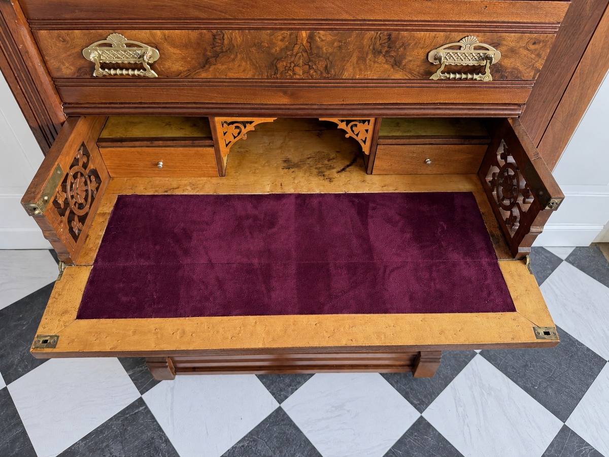 Antique 19th Century Eastlake Secretaire Chest | Side-Locking Burl Walnut Chest with Hidden Writing Desk