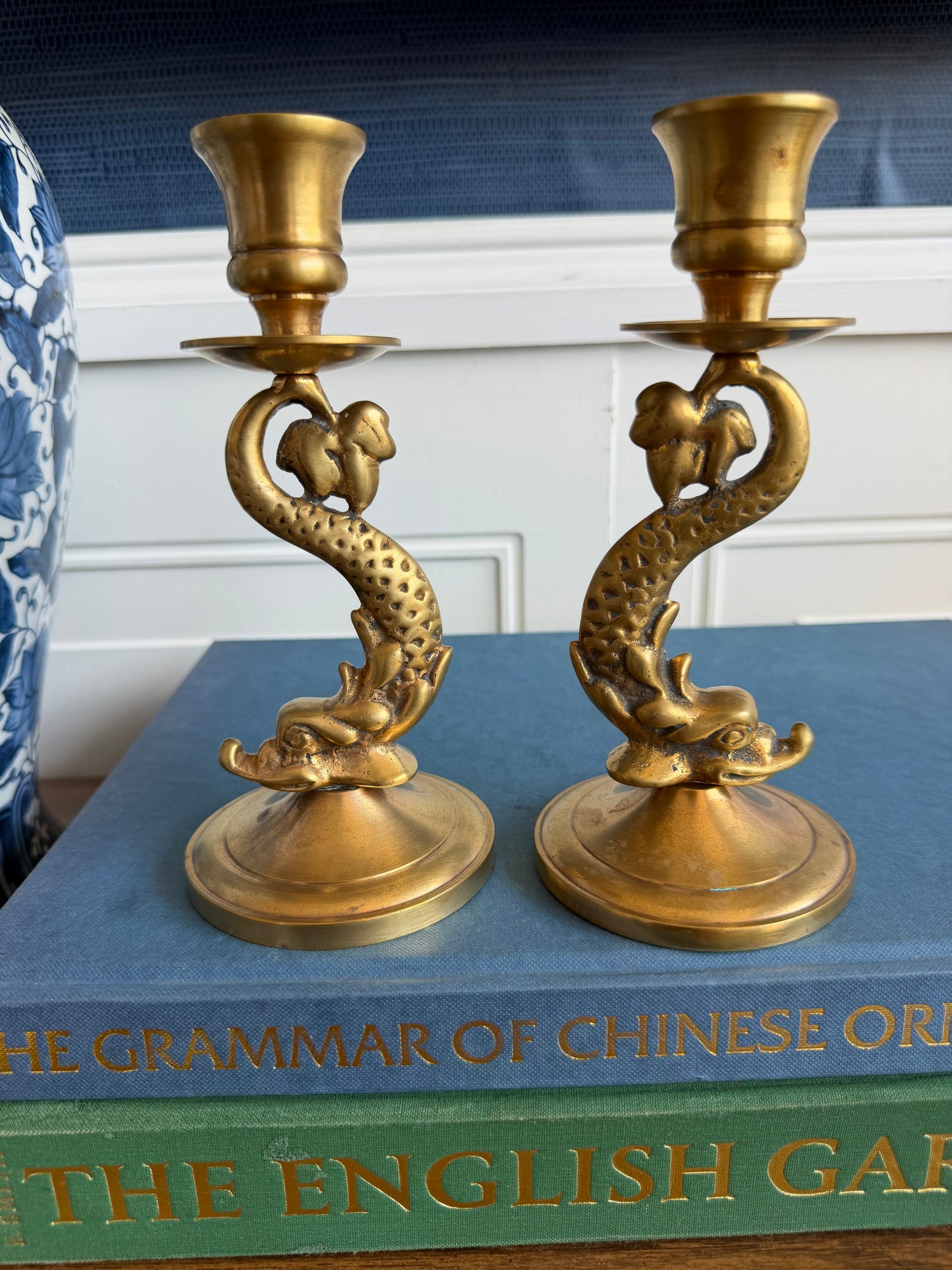 Vintage Pair Of Solid Brass Dragon Candlesticks