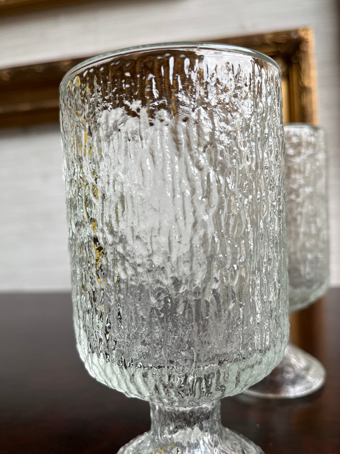 Mid-Century Clear Indiana Glass Frosted  Crystal Ice/Bark Texture Footed Water Wine Goblets Glasses- Set of 4