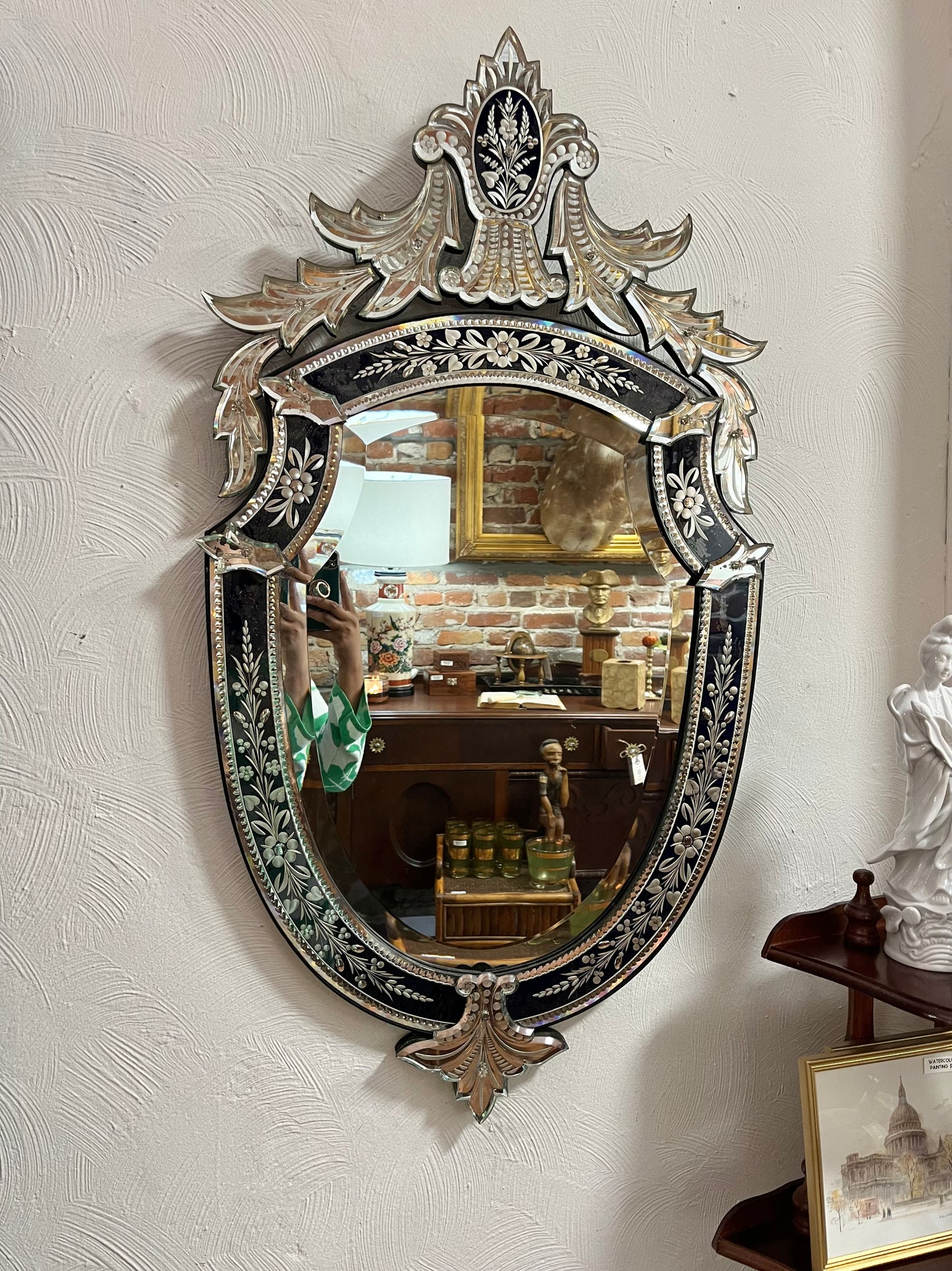 Antique Murano Glass Venetian Mirror by M.R. & Co. Paris (Circa 1890-1920) - Ornate Floral Etched Shield Design