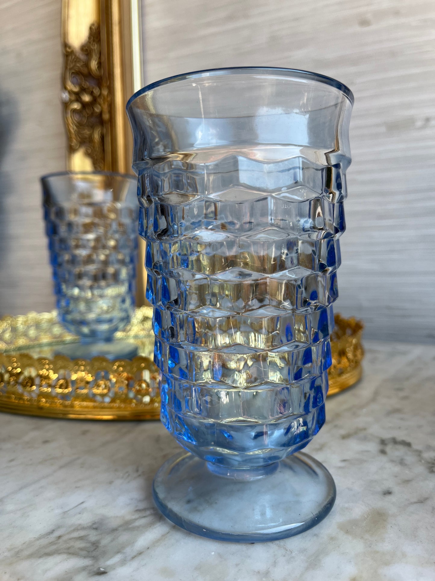 Vintage Barware Indiana Glass Colony Whitehall Blue Set of 2 Ice Tea Glass Footed Tumbler Glasses