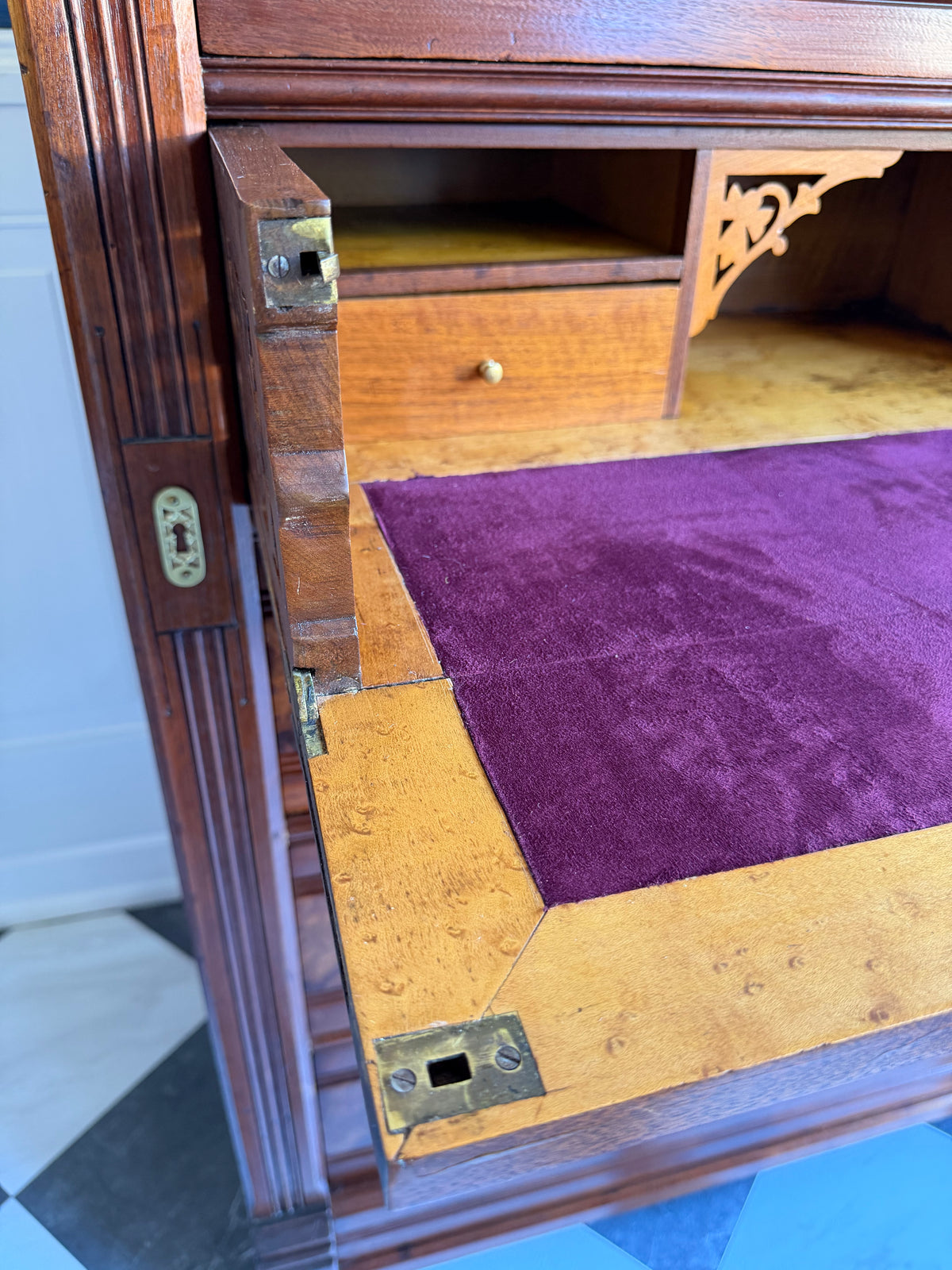 Antique 19th Century Eastlake Secretaire Chest | Side-Locking Burl Walnut Chest with Hidden Writing Desk