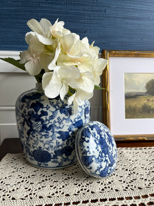 Hand-Painted Blue & White Ginger Jar – 6.5” Ceramic Lidded Vase