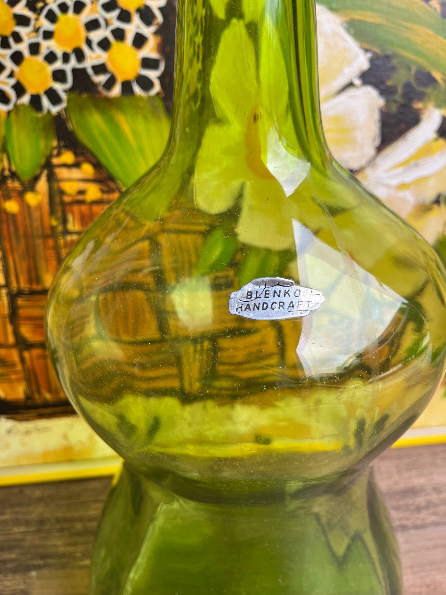 28" Blenko Mid-Century Modern Lime Green Glass Decanter