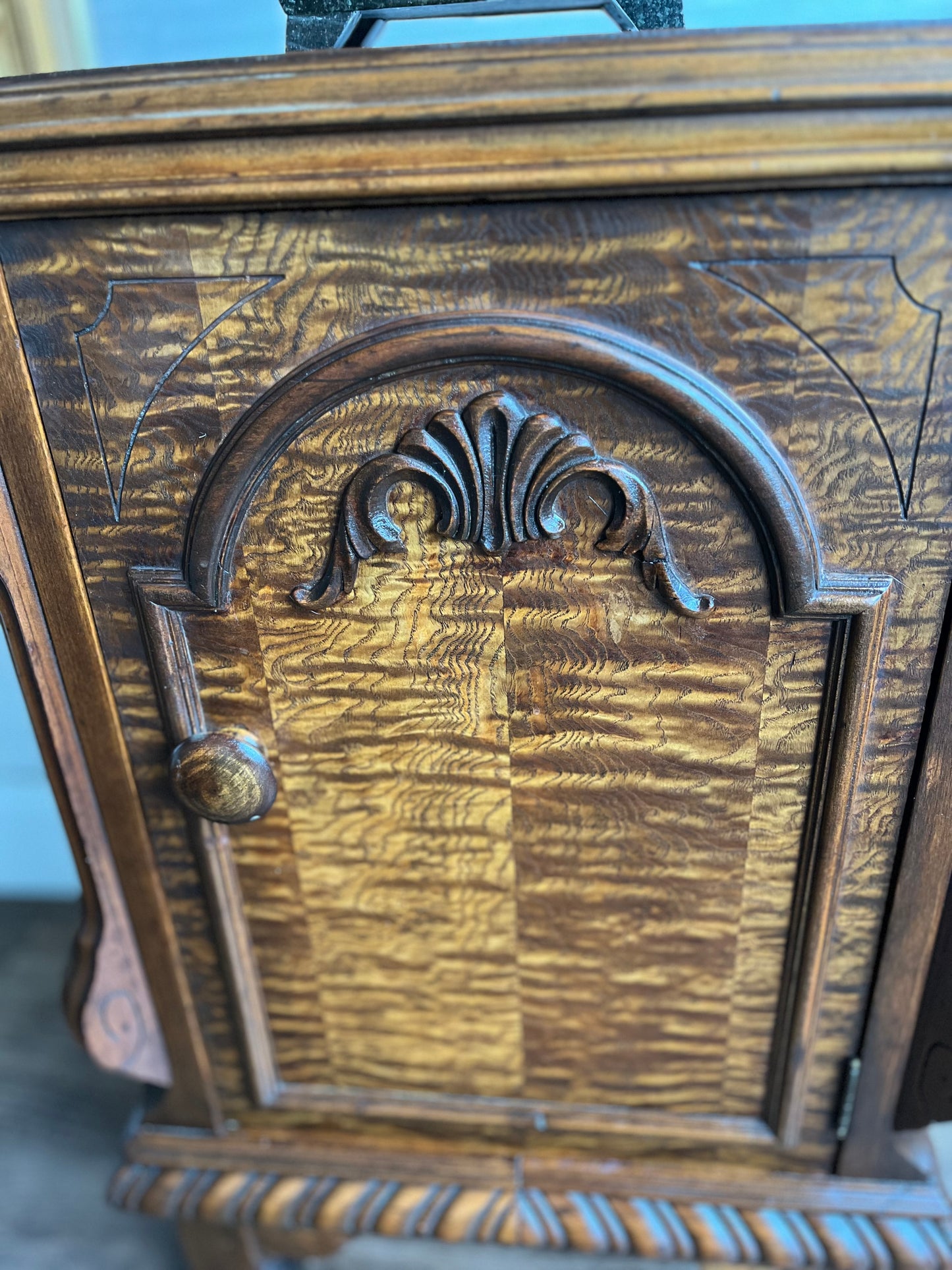 Vintage Tiger Oak Nightstand Cabinet Side Table W/ Ornate Carvings & Bun Feet – 1940s-1950s Solid Wood