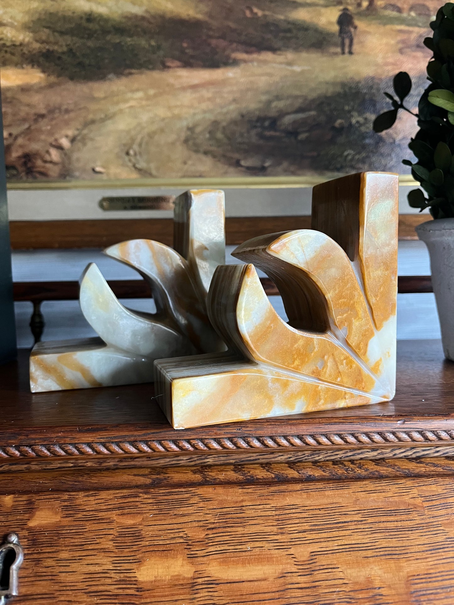 Mid Century Onyx Natural Stone Bookends Pair