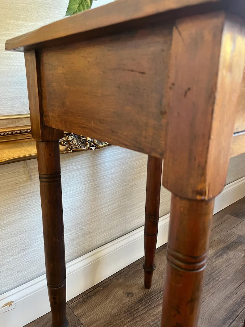 Early 1800s Antique Primitive Pine Side Table  Nightstand With Storage Drawer