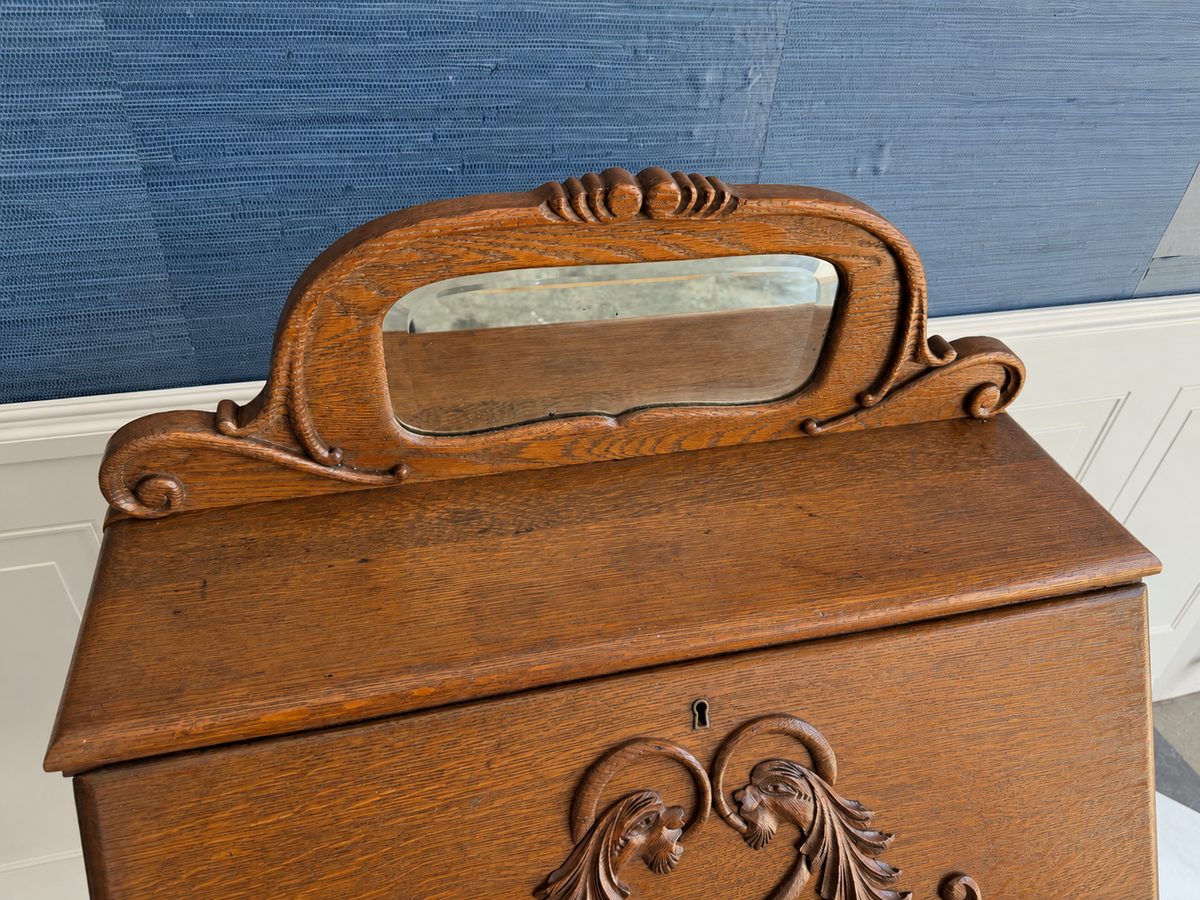 Petite Antique Oak Slant-Front Secretary Ladies Desk with Beveled Mirror & Ram’s-Head Carving