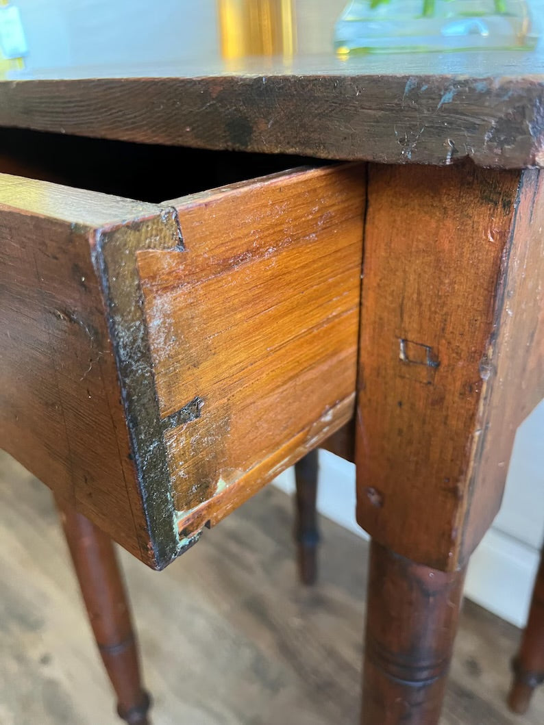 Early 1800s Antique Primitive Pine Side Table  Nightstand With Storage Drawer