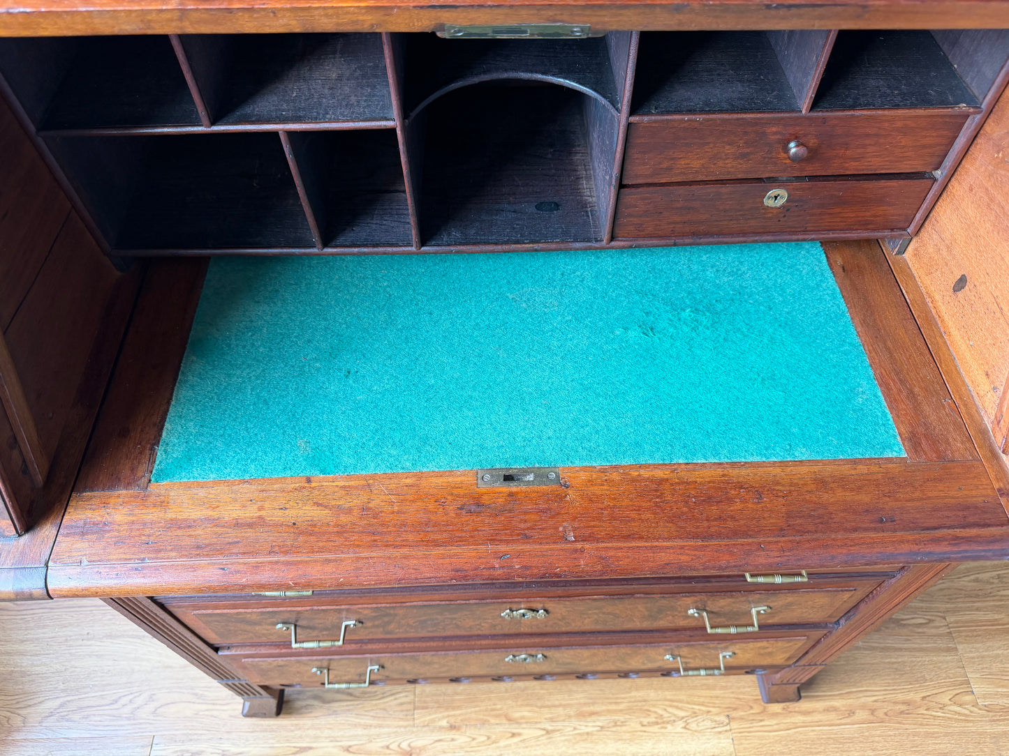 Antique Victorian Burl Walnut Secretary Bookcase, c. 1880s, Drop Front Writing Desk Display Cabinet