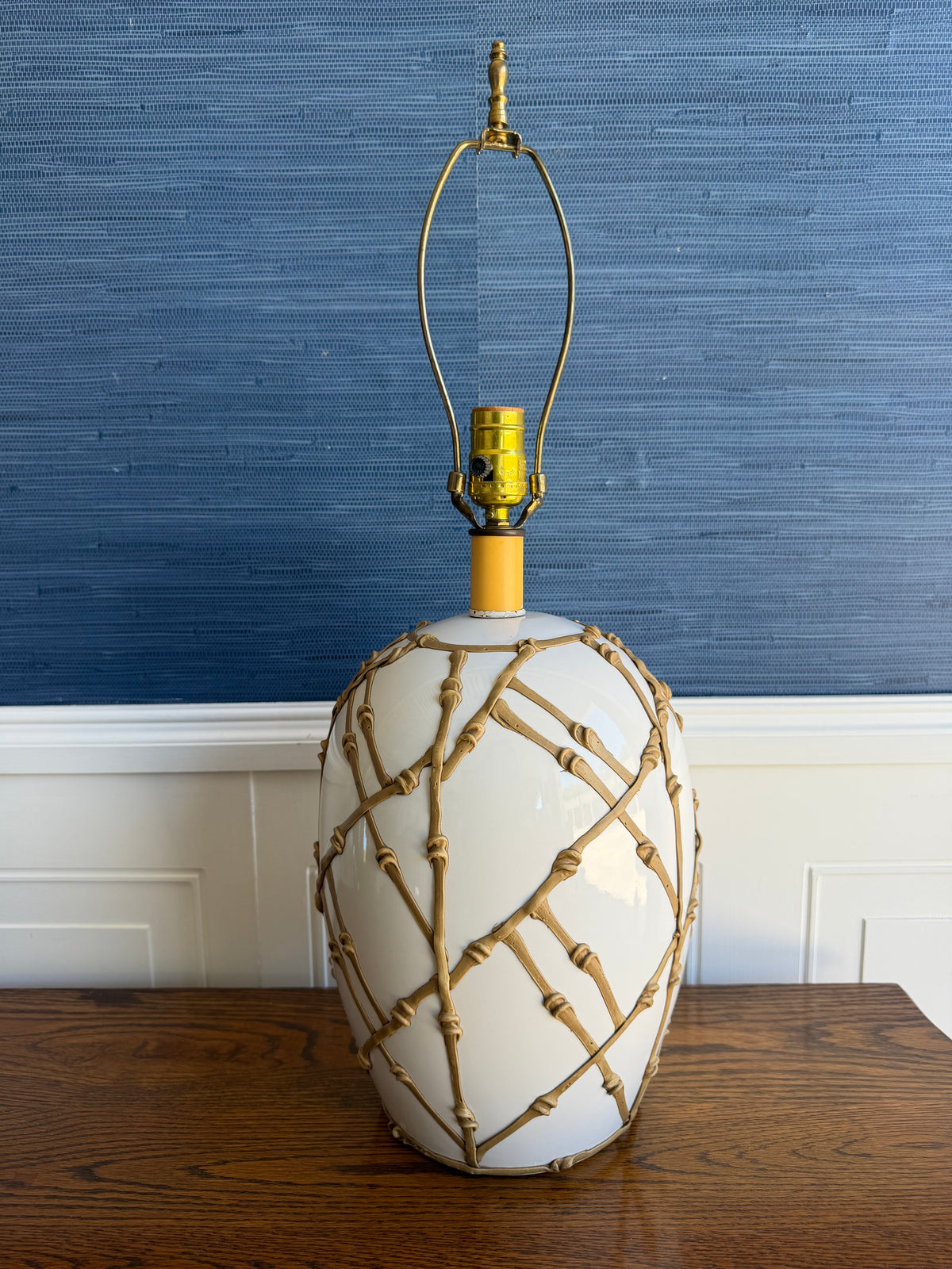 Vintage Faux Bamboo Lattice “Icing” Ceramic Table Lamp | Hollywood Regency Lamp with Pleated Shade