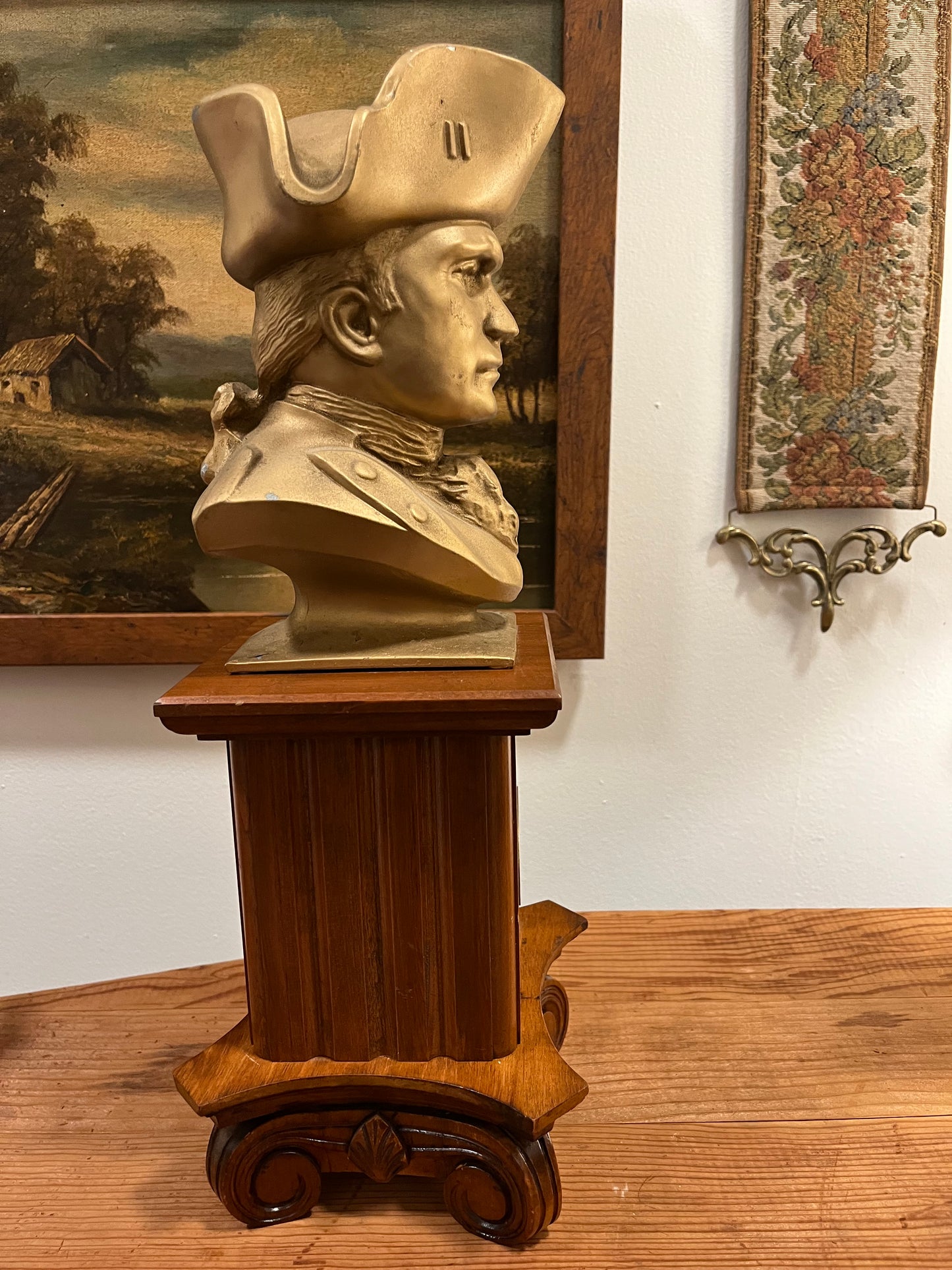 John Paul Jones Gilt Metal Bust Sculpture on Ornate Wood Base