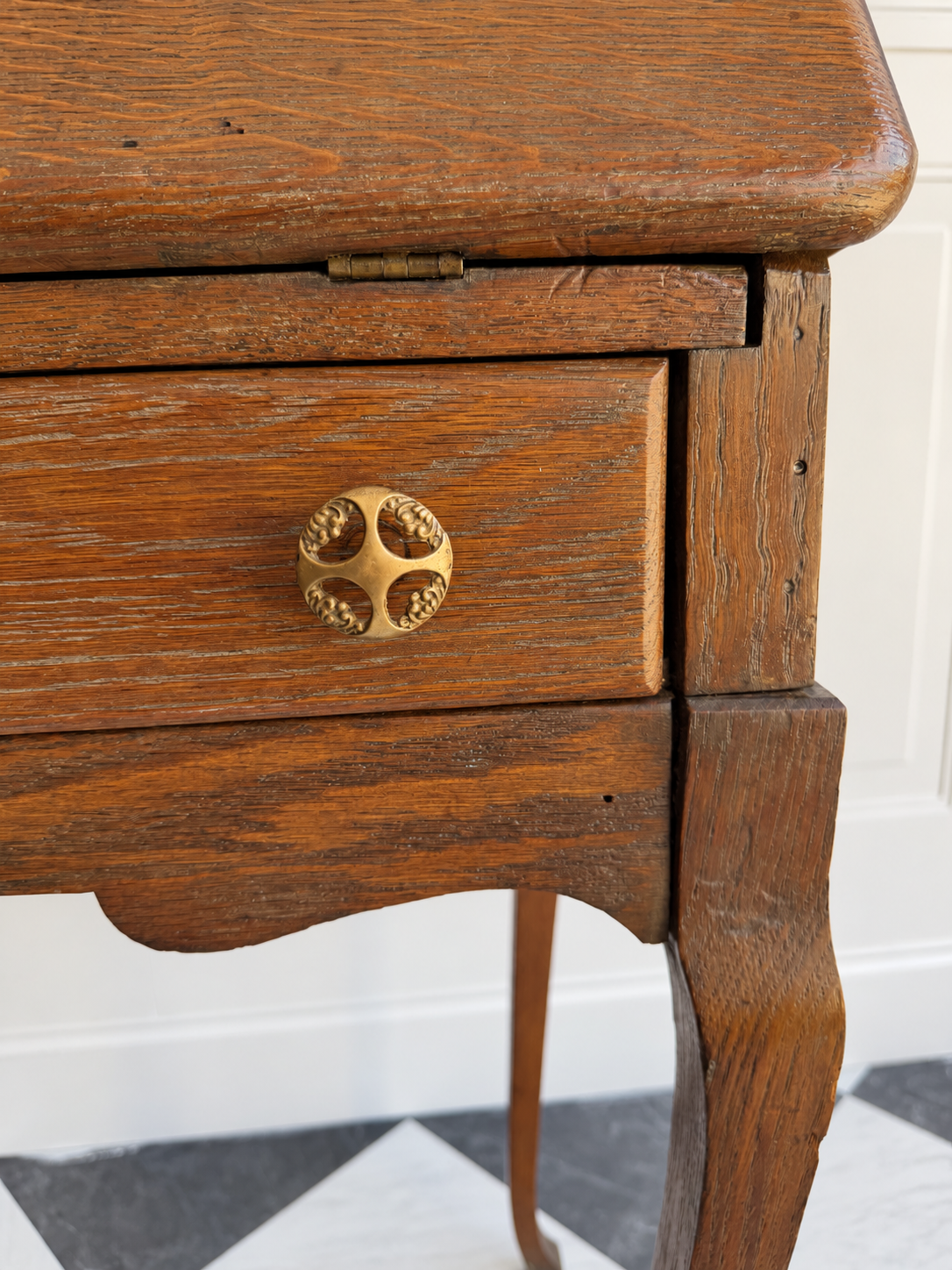 Petite Antique Oak Slant-Front Secretary Ladies Desk with Beveled Mirror & Ram’s-Head Carving
