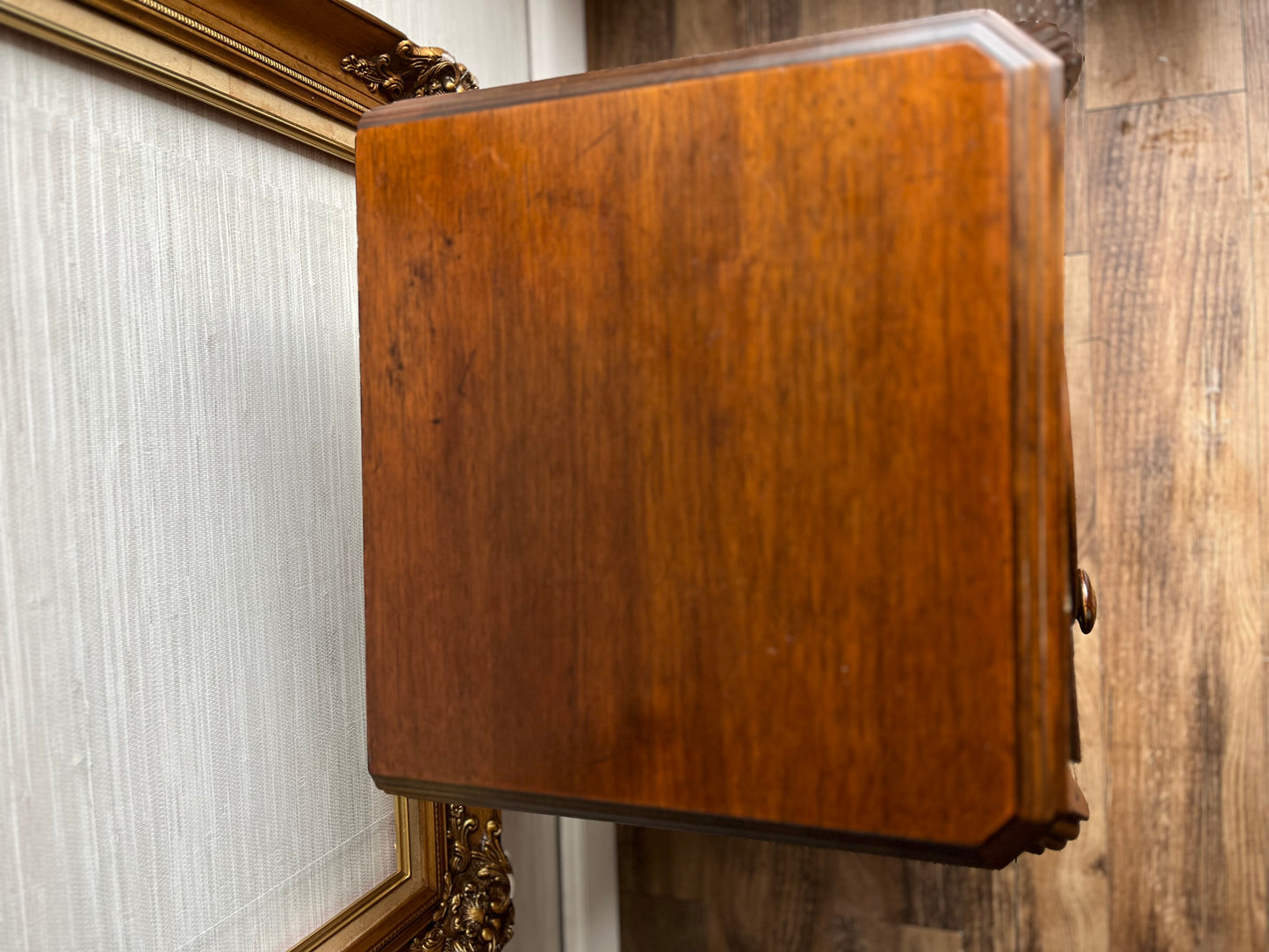 Vintage Tiger Oak Nightstand Cabinet Side Table W/ Ornate Carvings & Bun Feet – 1940s-1950s Solid Wood