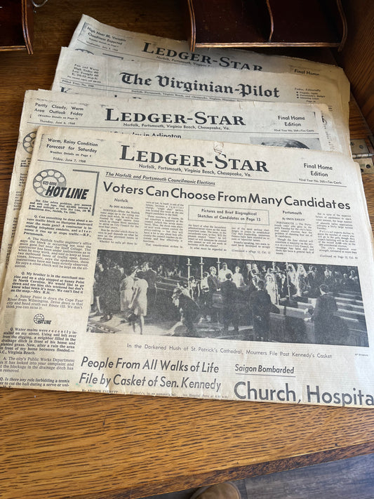 Stack of 1968 Virginia Pilot / Ledger Star JFK Assassination Newspapers