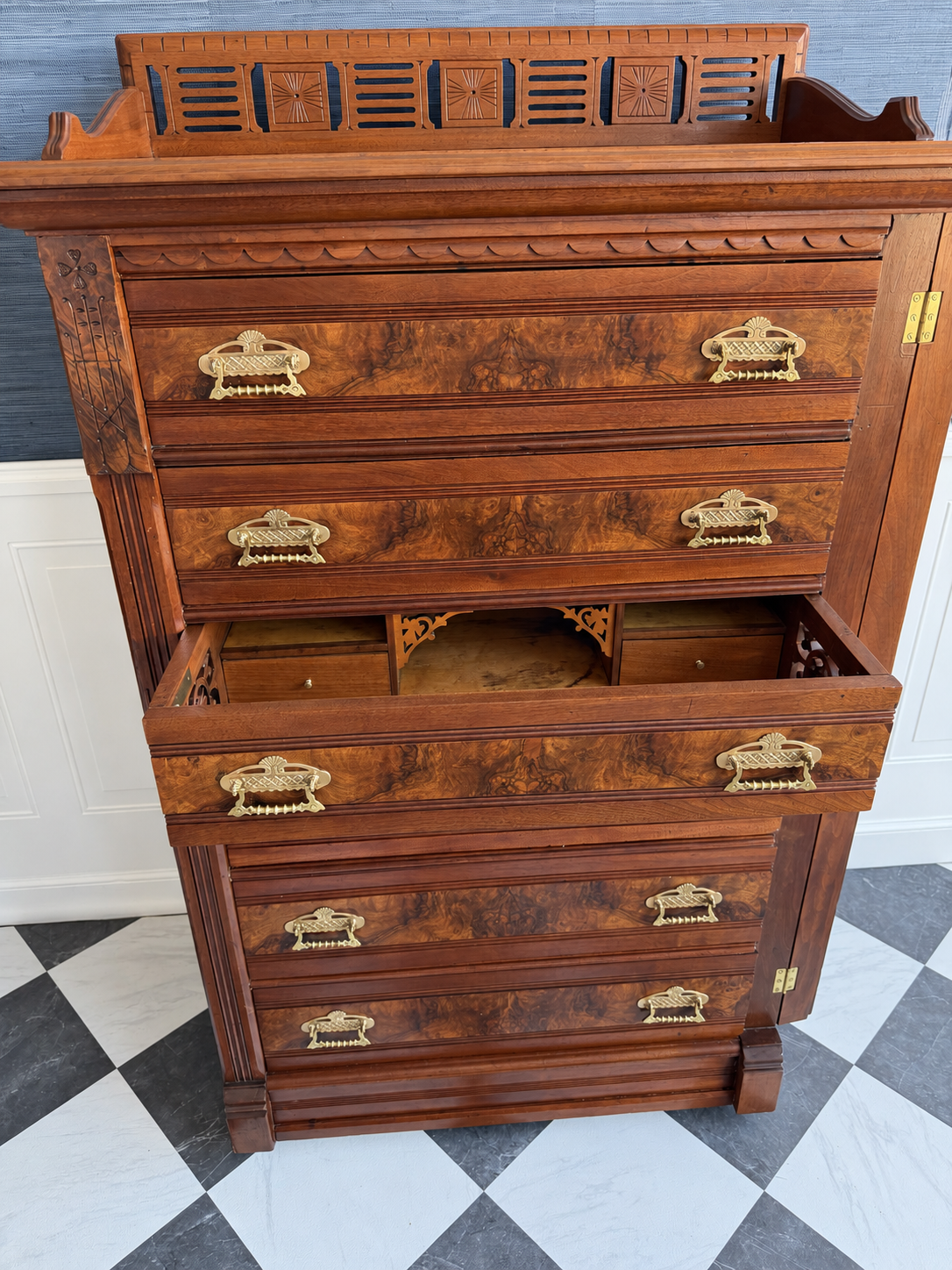 Antique 19th Century Eastlake Secretaire Chest | Side-Locking Burl Walnut Chest with Hidden Writing Desk