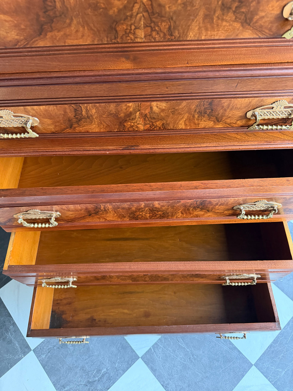 Antique 19th Century Eastlake Secretaire Chest | Side-Locking Burl Walnut Chest with Hidden Writing Desk