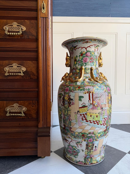 Grand Chinese Famille Rose Canton Floor Vase | 24" Hand Painted Porcelain with Gilt Foo Dog Handles