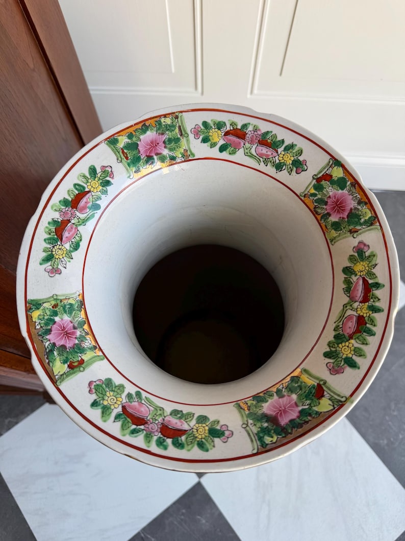 Grand Chinese Famille Rose Canton Floor Vase | 24" Hand Painted Porcelain with Gilt Foo Dog Handles