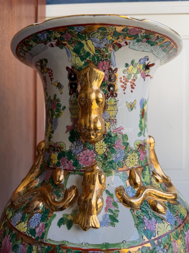 Grand Chinese Famille Rose Canton Floor Vase | 24" Hand Painted Porcelain with Gilt Foo Dog Handles