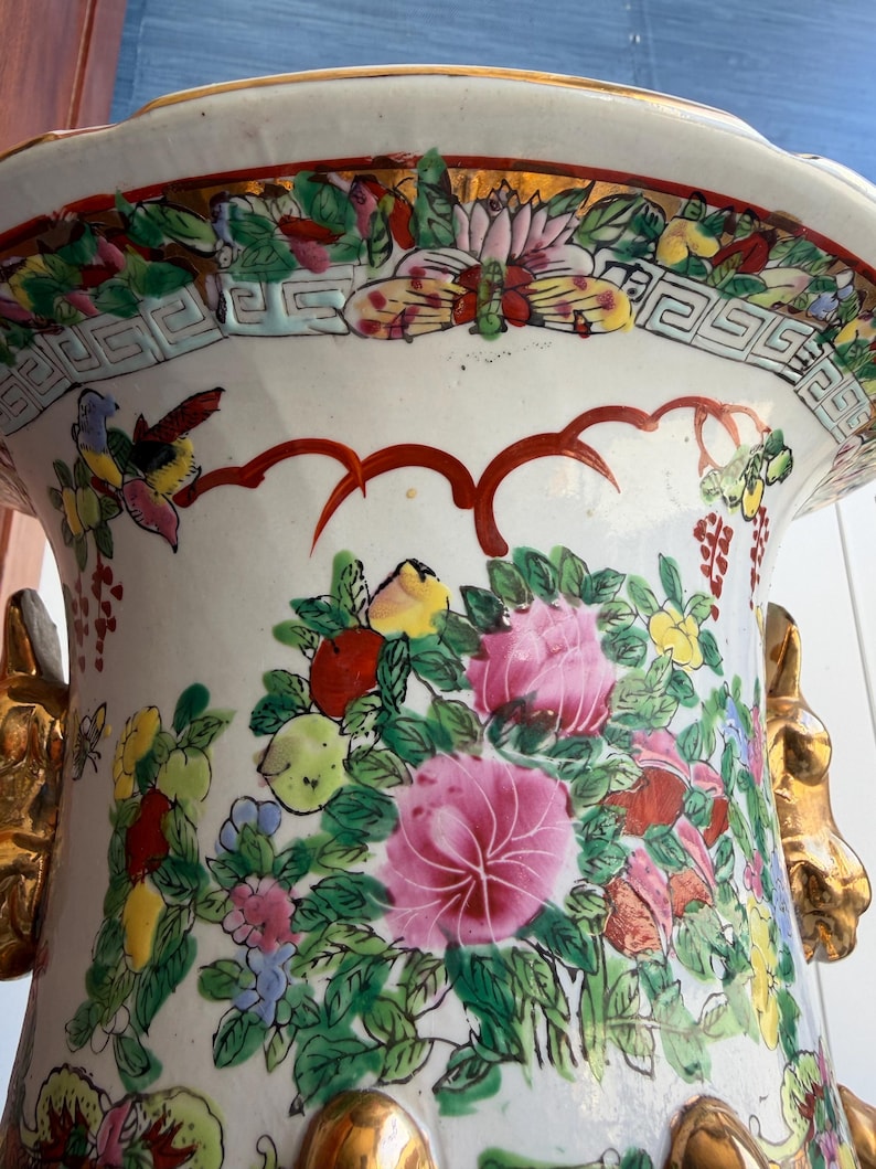 Grand Chinese Famille Rose Canton Floor Vase | 24" Hand Painted Porcelain with Gilt Foo Dog Handles