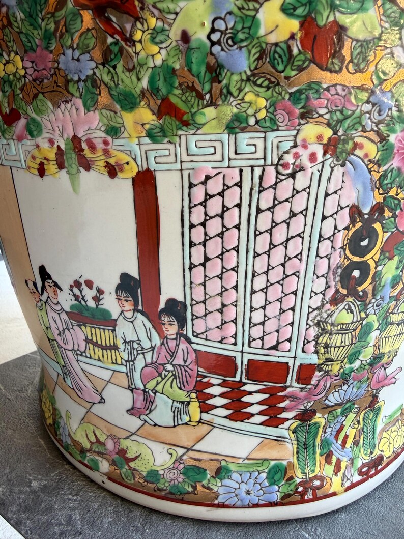 Grand Chinese Famille Rose Canton Floor Vase | 24" Hand Painted Porcelain with Gilt Foo Dog Handles