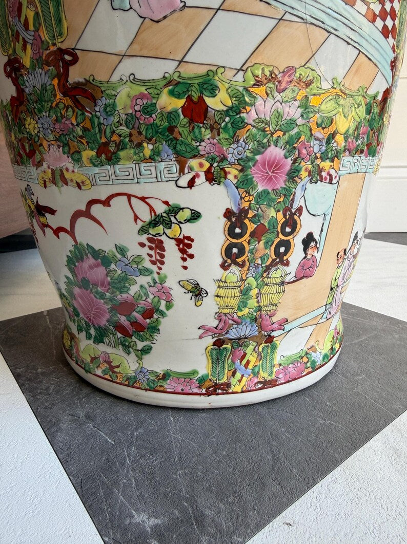 Grand Chinese Famille Rose Canton Floor Vase | 24" Hand Painted Porcelain with Gilt Foo Dog Handles