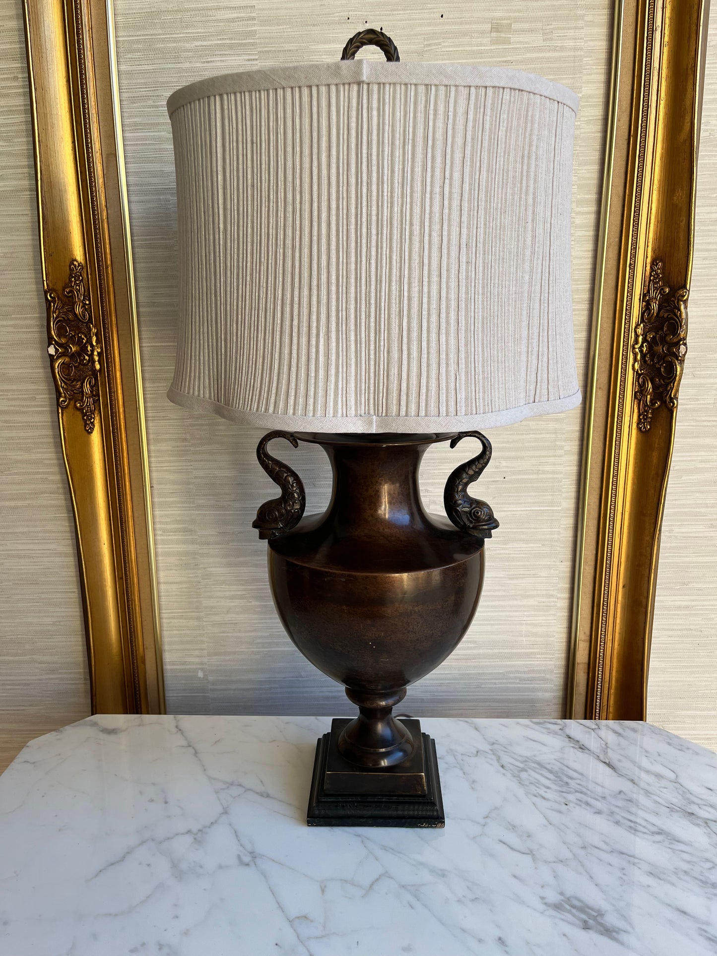 Pair of Stonegate Designs Bronze-Finish Koi-Handled Urn Lamps with Clover-Shaped Pleated Shades