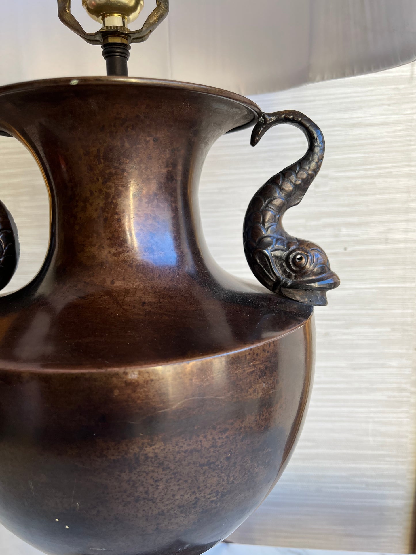 Pair of Stonegate Designs Bronze-Finish Koi-Handled Urn Lamps with Clover-Shaped Pleated Shades