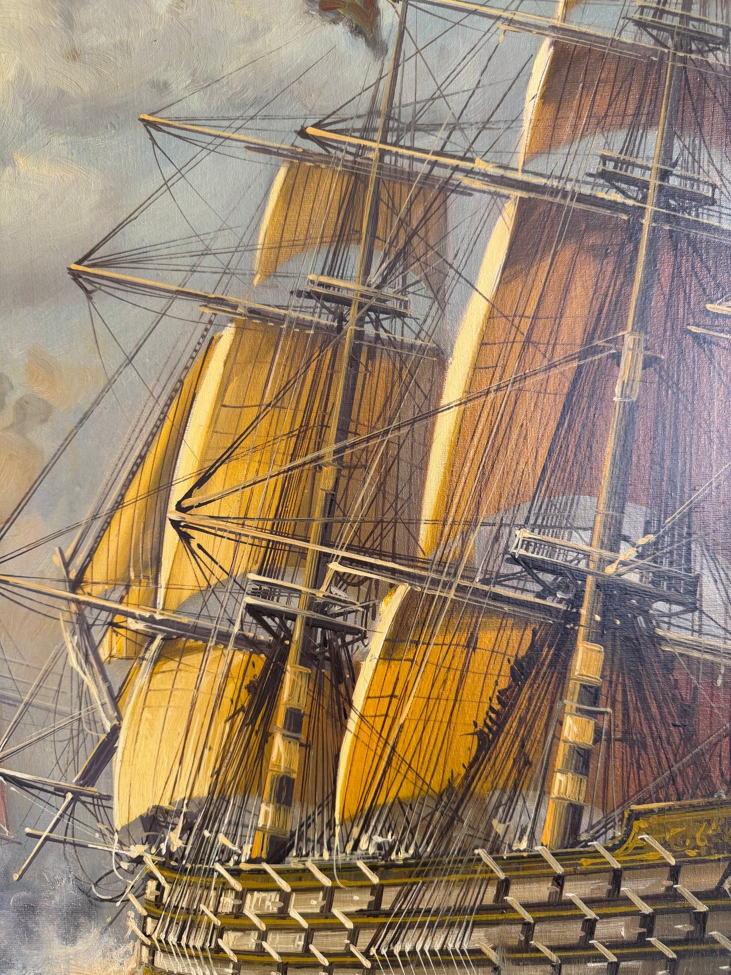 Large Vintage Original Oil Painting – Warships on a Stormy Sea, Signed & Framed Age of Sail Maritime Seascape on Canvas