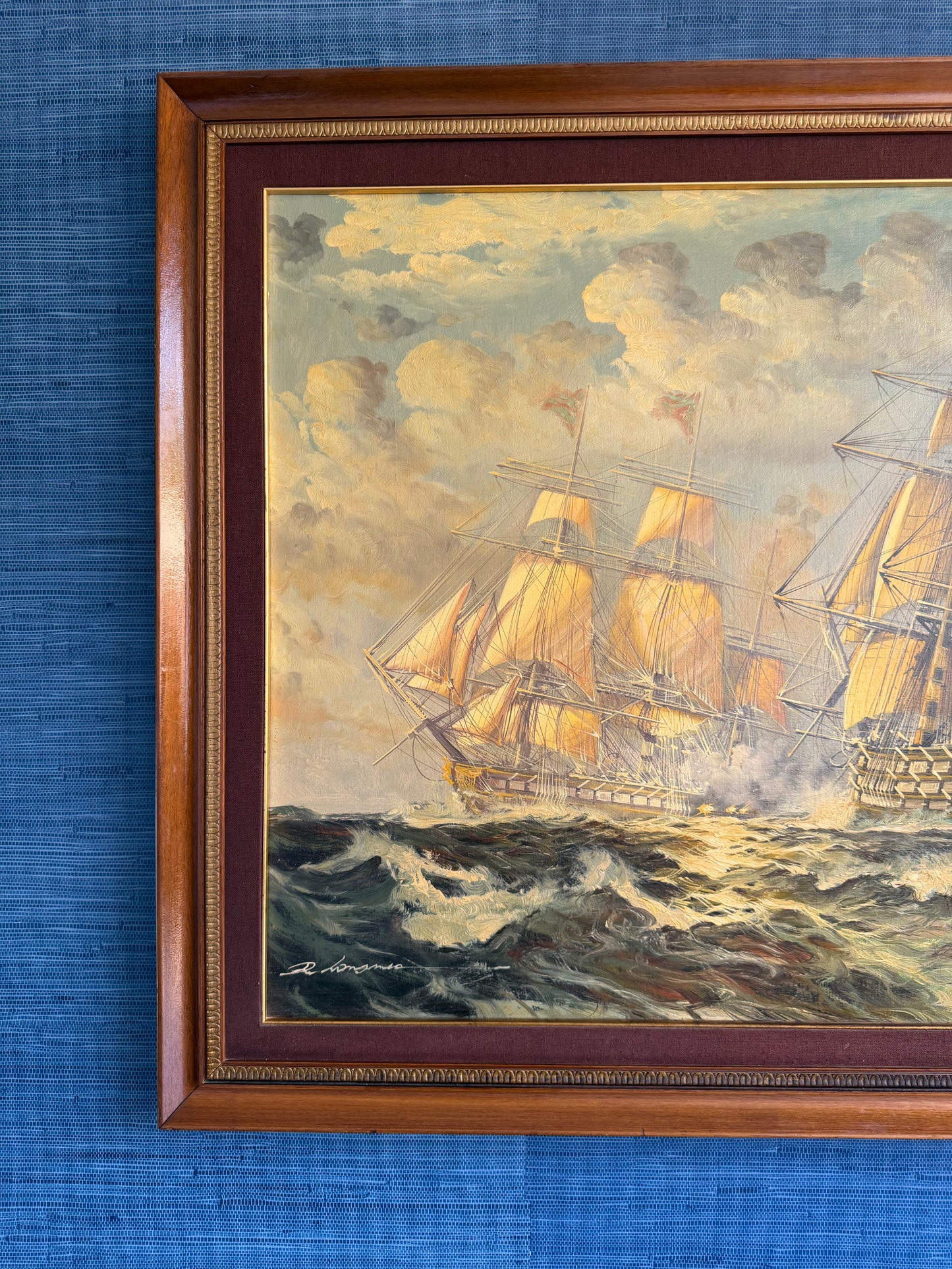 Large Vintage Original Oil Painting – Warships on a Stormy Sea, Signed & Framed Age of Sail Maritime Seascape on Canvas