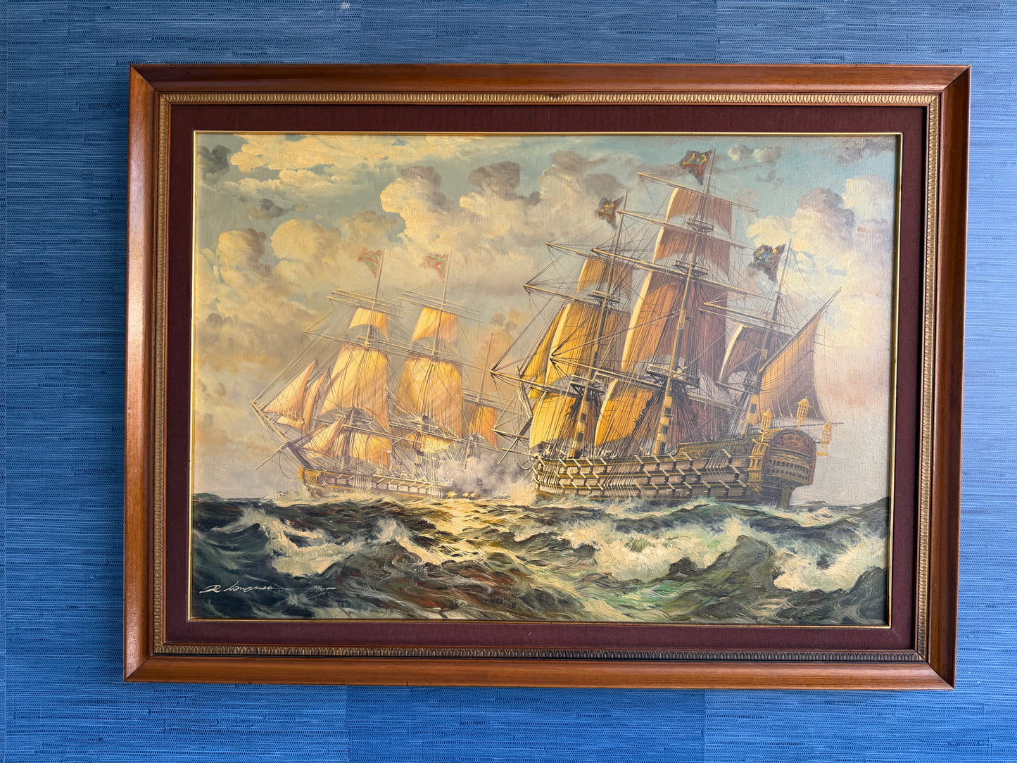 Large Vintage Original Oil Painting – Warships on a Stormy Sea, Signed & Framed Age of Sail Maritime Seascape on Canvas
