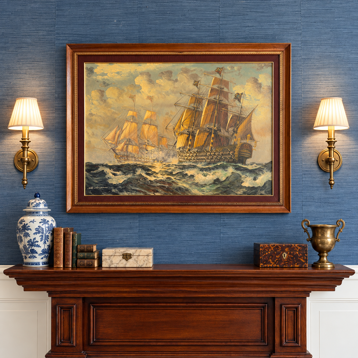 Large Vintage Original Oil Painting – Warships on a Stormy Sea, Signed & Framed Age of Sail Maritime Seascape on Canvas