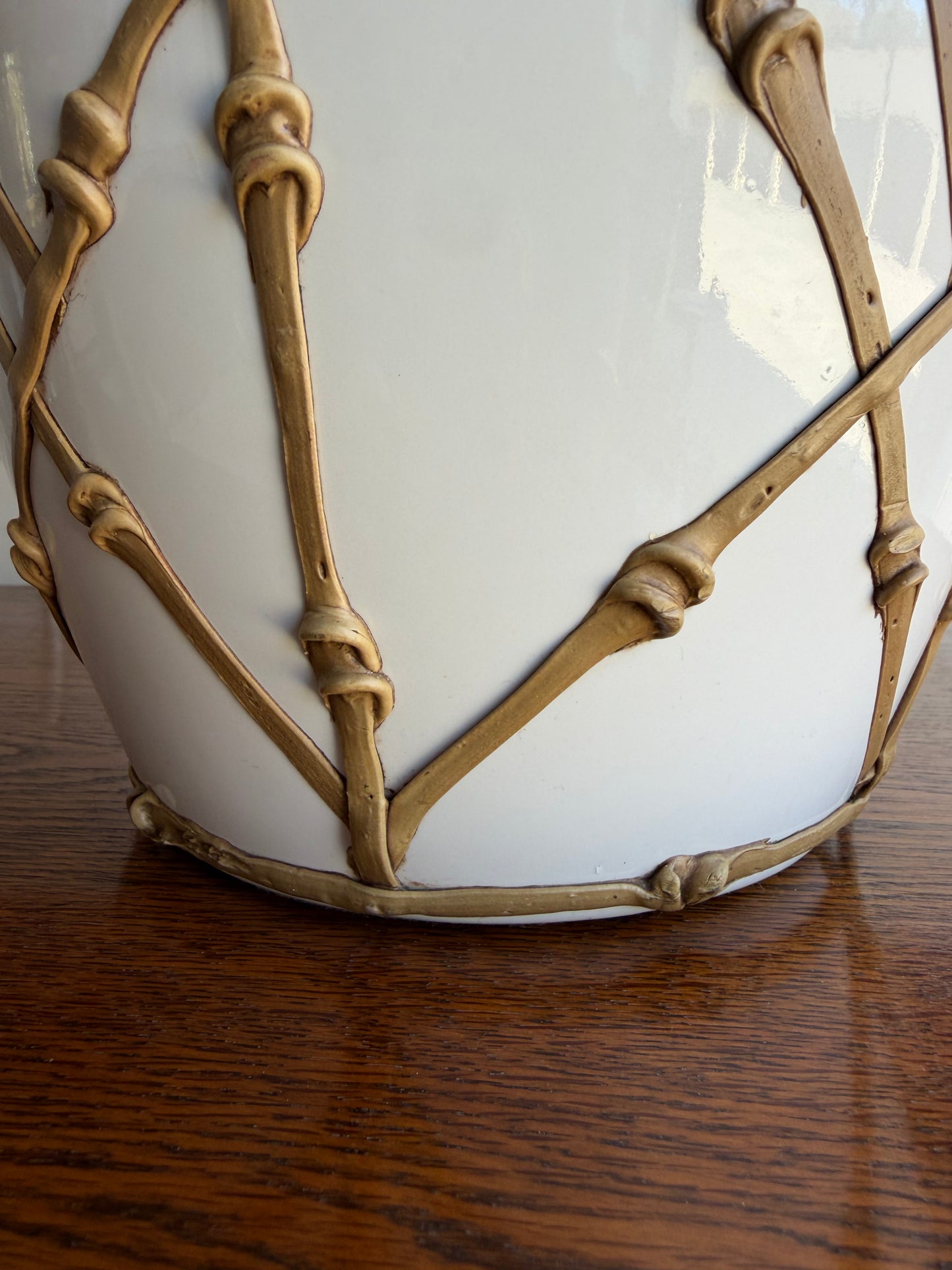 Vintage Faux Bamboo Lattice “Icing” Ceramic Table Lamp | Hollywood Regency Lamp with Pleated Shade
