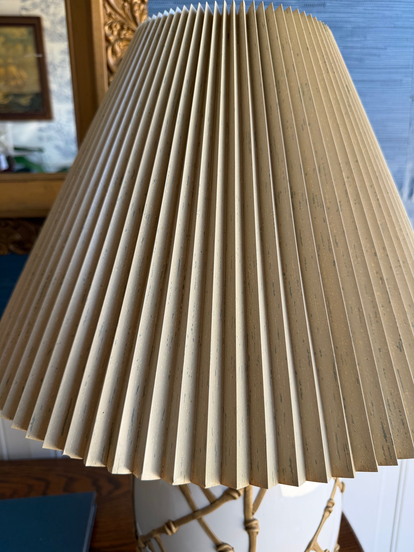 Vintage Faux Bamboo Lattice “Icing” Ceramic Table Lamp | Hollywood Regency Lamp with Pleated Shade