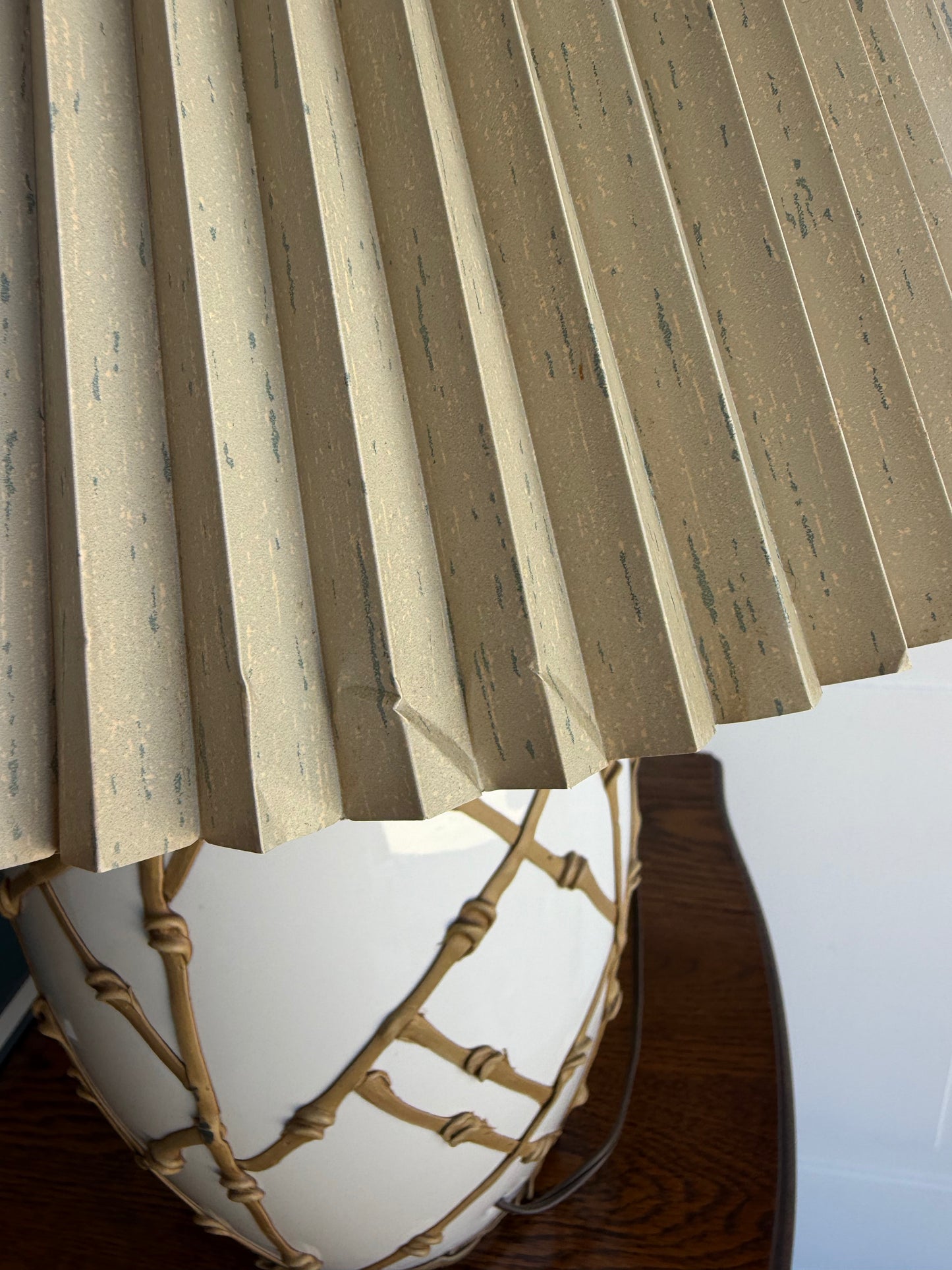 Vintage Faux Bamboo Lattice “Icing” Ceramic Table Lamp | Hollywood Regency Lamp with Pleated Shade