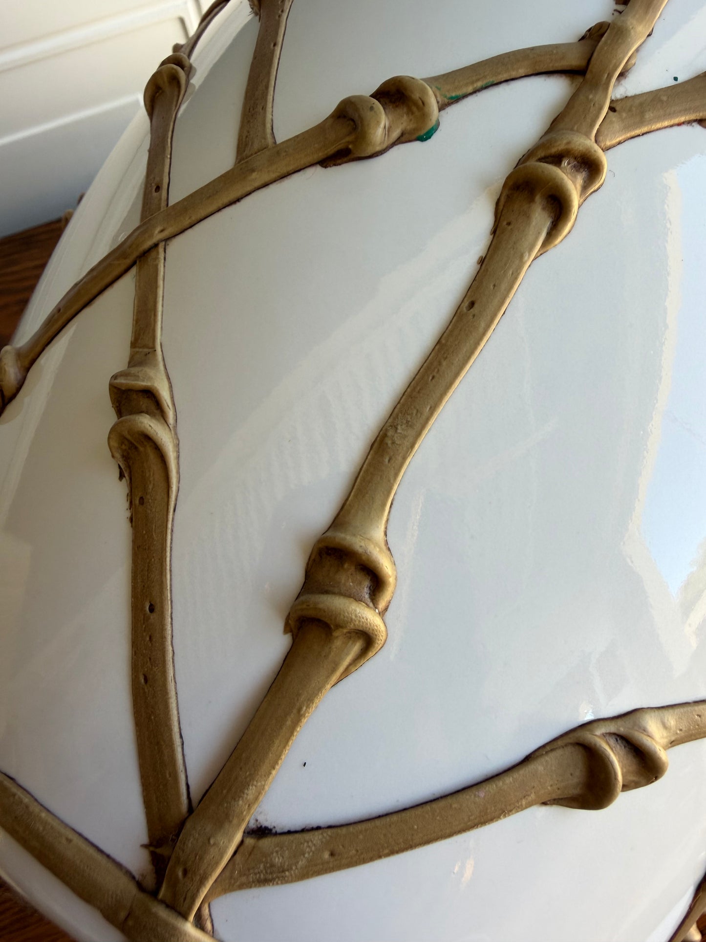 Vintage Faux Bamboo Lattice “Icing” Ceramic Table Lamp | Hollywood Regency Lamp with Pleated Shade